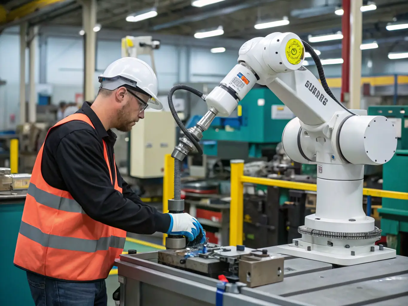 A collaborative robot (cobot) working alongside a human worker in a manufacturing setting, highlighting the safety and ease of integration of cobots in industrial environments. The cobot is performing a delicate assembly task, showcasing its precision and adaptability.