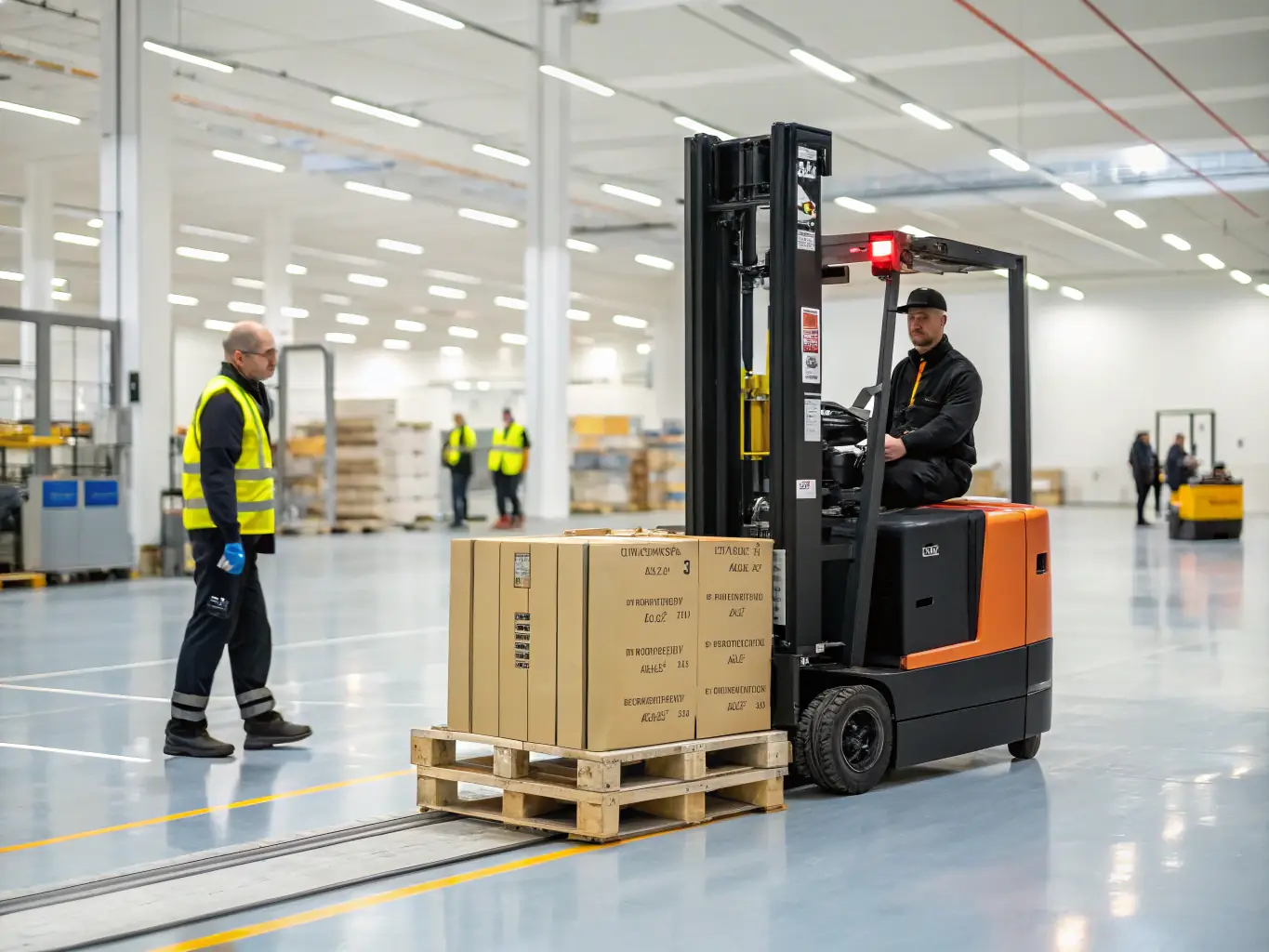 An automated guided vehicle (AGV) transporting materials in a warehouse, showcasing the efficiency and reliability of AGVs in material handling. The AGV is navigating autonomously using advanced sensors and mapping technology.