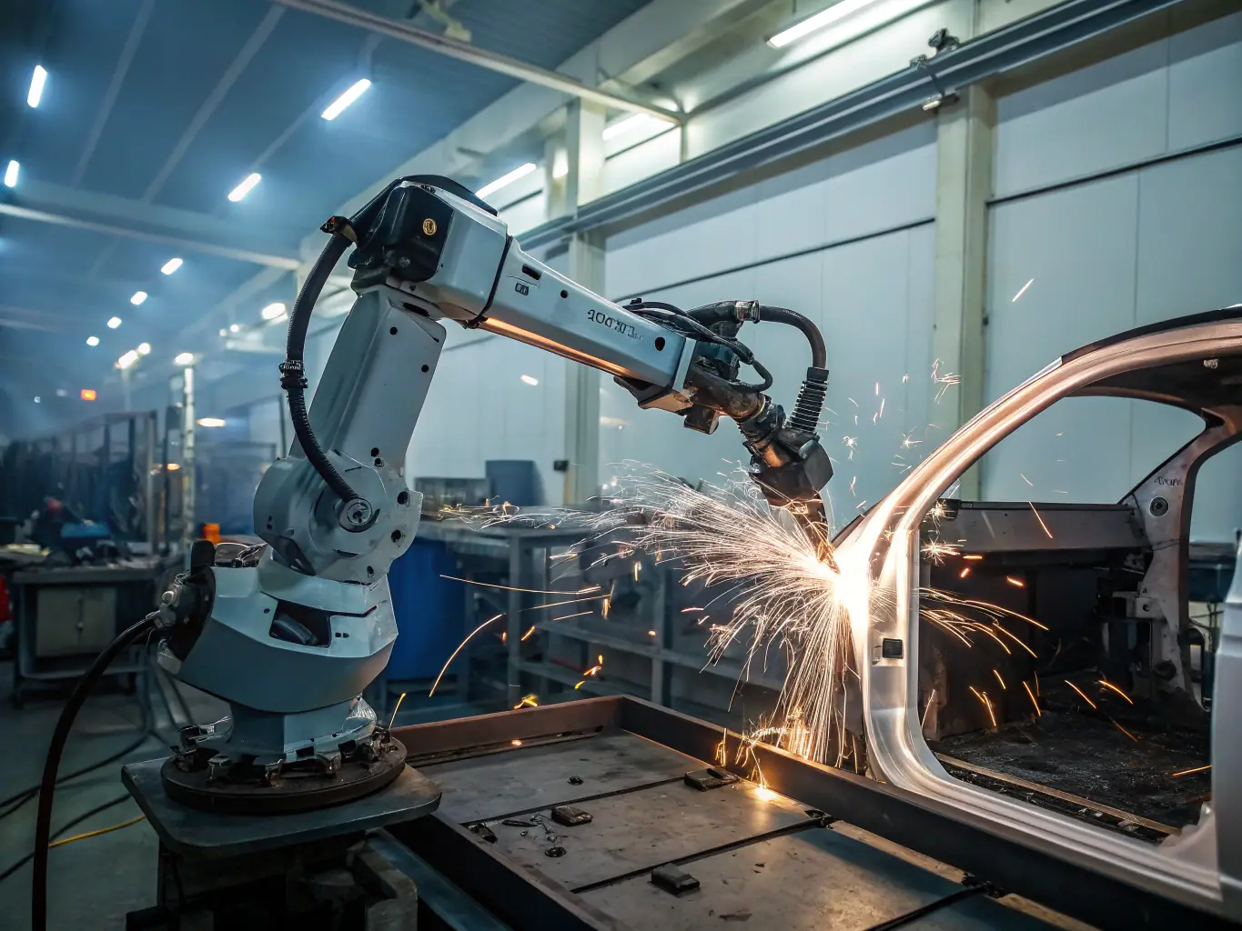 A high-speed industrial robot performing a welding operation with sparks flying, demonstrating the speed and precision of automated welding processes. The robot is equipped with advanced sensors and control systems for optimal performance.